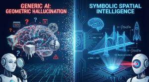 Infographic comparing Generic AI geometric hallucinations with Symbolic Spatial Intelligence. Left side shows melting shapes and chaotic brain; right side shows a precise bridge blueprint, rocket trajectory, and 3D reconstruction logic.